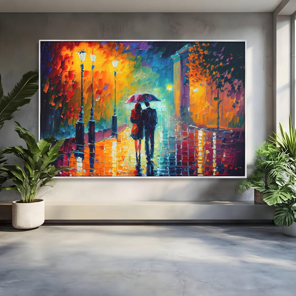 Tablou canvas cu tablou canvas cu indragostiti in ploaie, in rama de aluminiu argintiu